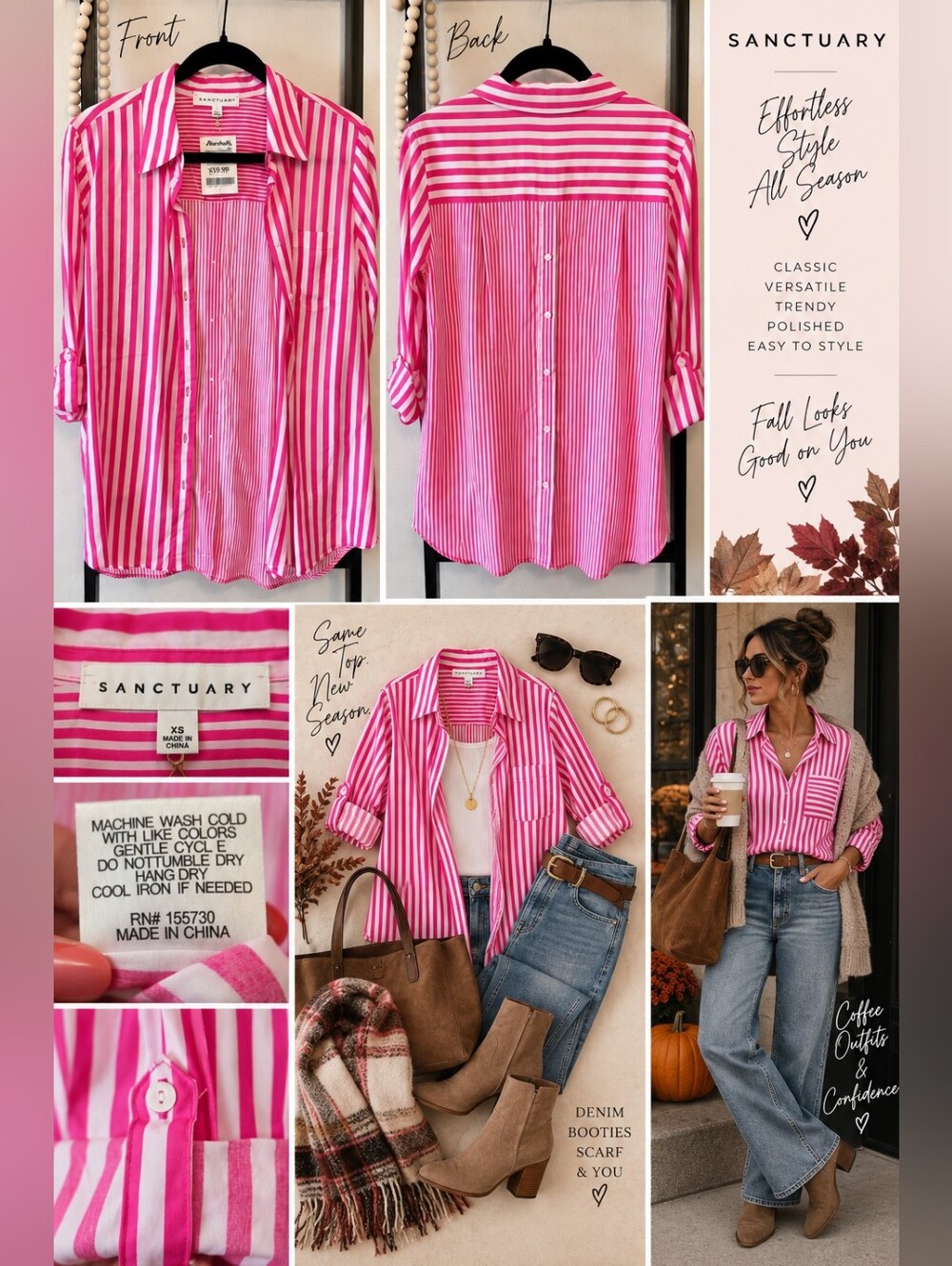 Sanctuary Pink & White Striped Button Down Shirt Size Large NWT
